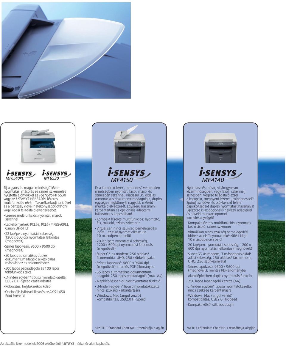 Lézeres multifunkciós: nyomtat, másol, szkennel Lapleíró nyelvek: PCL5e, PCL6 (MF6540PL), Canon UFR-II LT 22 lap/perc nyomtatási sebesség, 1200 x 600 dpi nyomtatási felbontás Színes lapolvasó: 9600 x