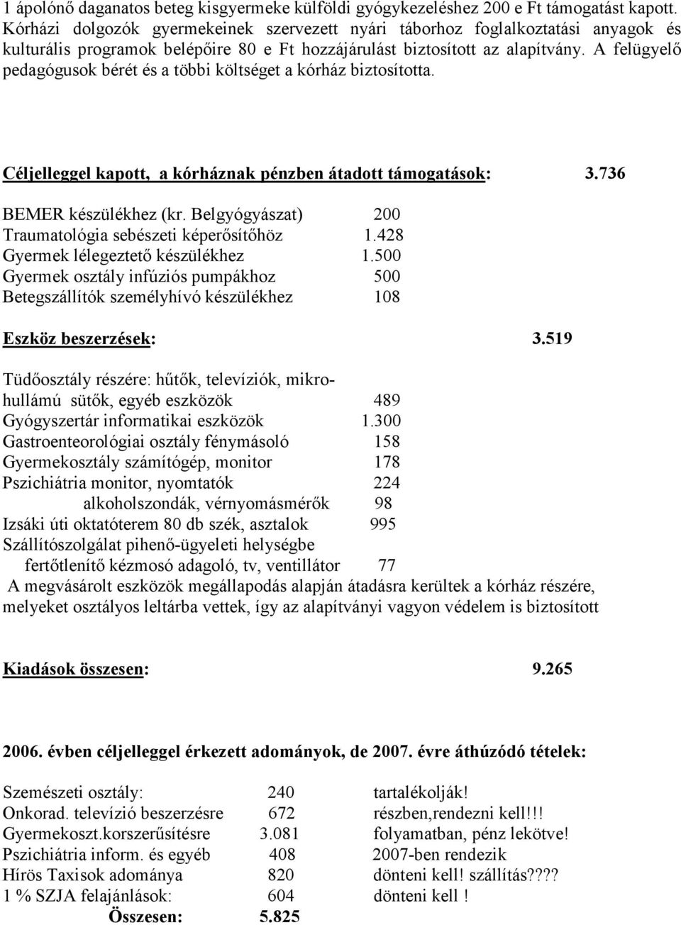 A felügyelı pedagógusok bérét és a többi költséget a kórház biztosította. Céljelleggel kapott, a kórháznak pénzben átadott támogatások: 3.736 BEMER készülékhez (kr.