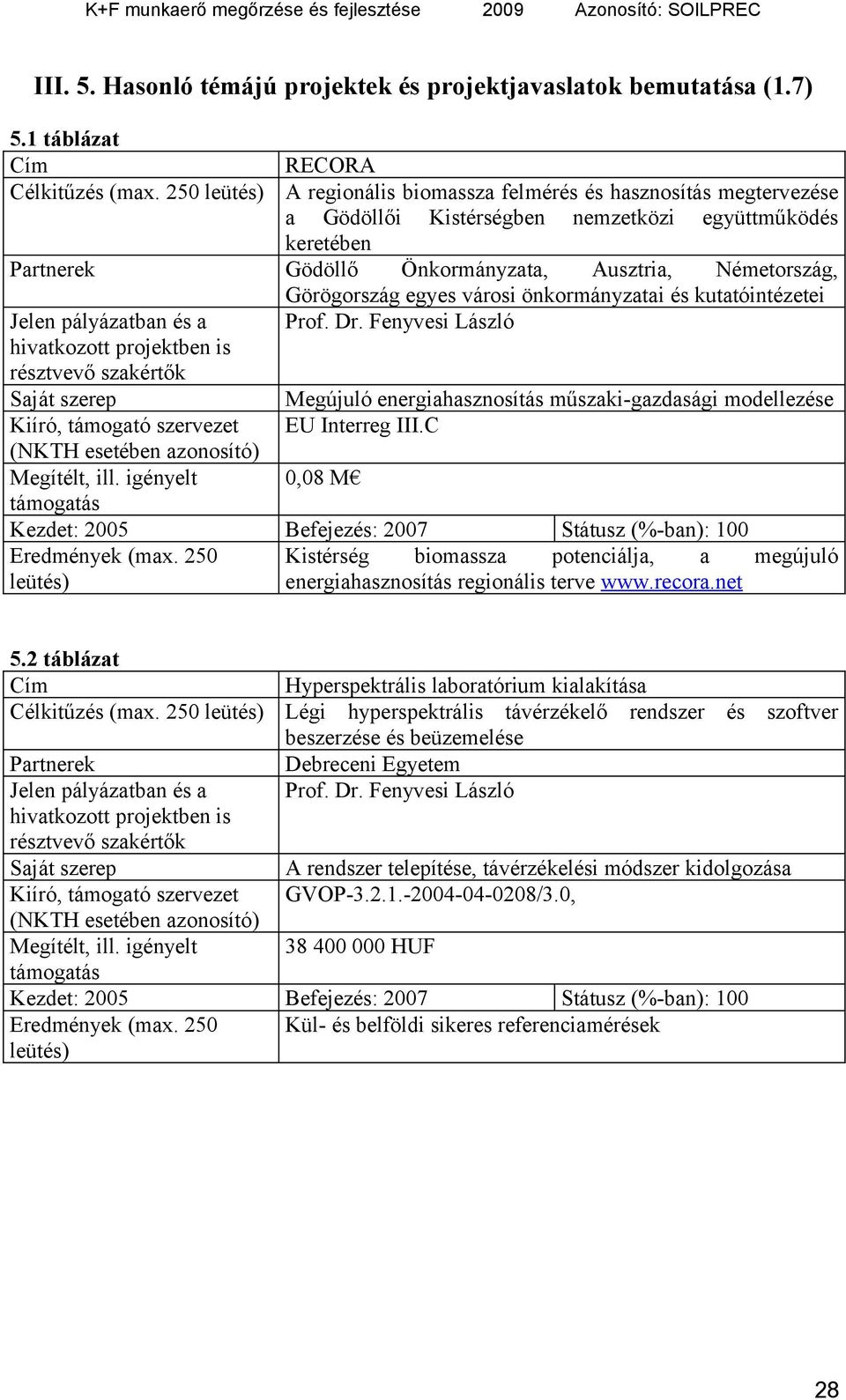 egyes városi önkormányzatai és kutatóintézetei Jelen pályázatban és a Prof. Dr.