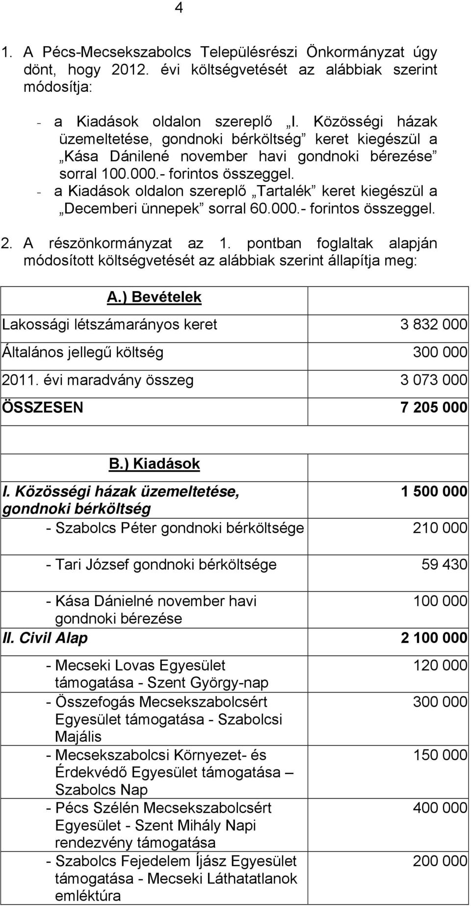 - a Kiadások oldalon szereplő Tartalék keret kiegészül a Decemberi ünnepek sorral 60.000.- forintos összeggel. 2. A részönkormányzat az 1.