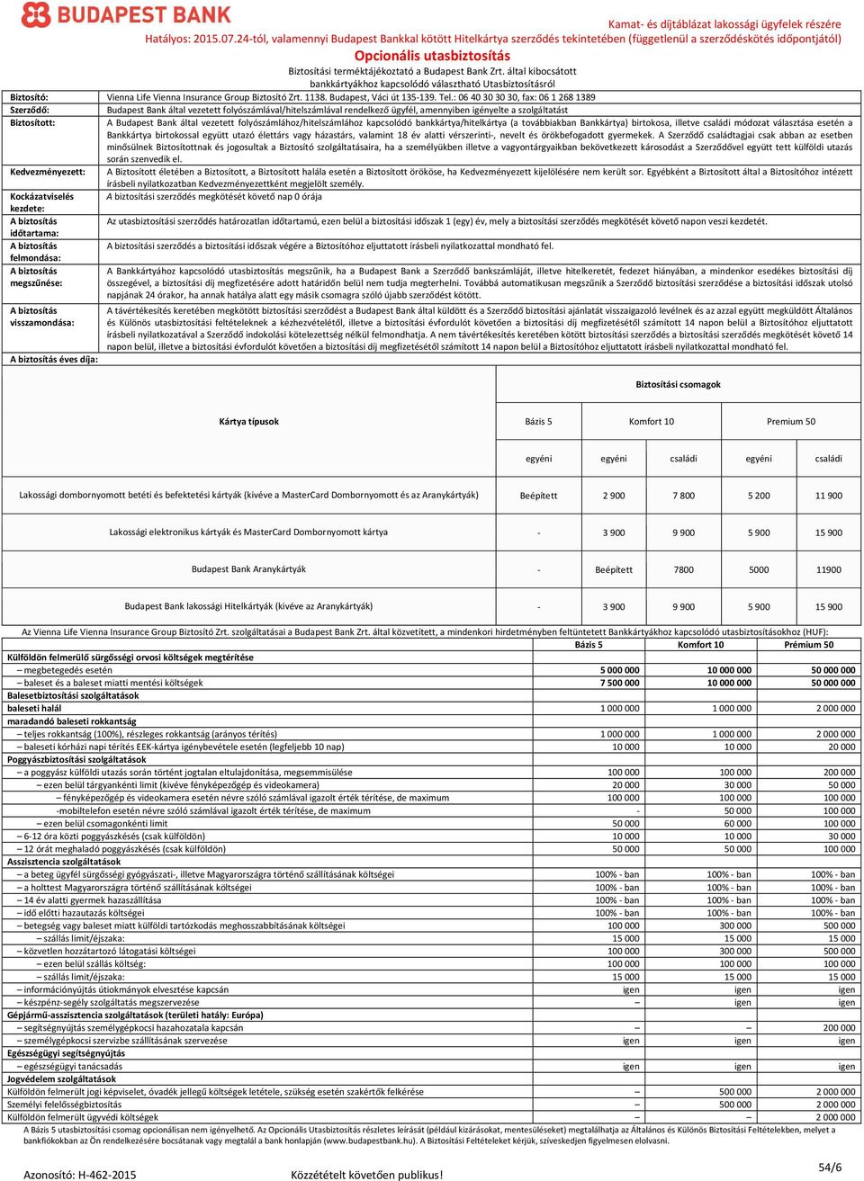 : 06 403030 30, fax: 0612681389 Szerződő: Budapest Bank által vezetett folyószámlával/hitelszámlával rendelkező ügyfél, amennyiben igényelte a szolgáltatást Biztosított: A Budapest Bank által