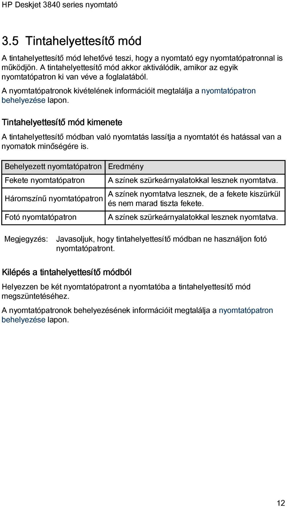 Tintahelyettesítő mód kimenete A tintahelyettesítő módban való nyomtatás lassítja a nyomtatót és hatással van a nyomatok minőségére is.