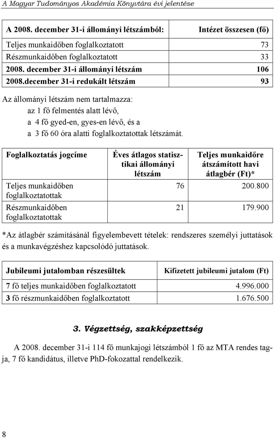 Foglalkoztatás jogcíme Teljes munkaidőben foglalkoztatottak Részmunkaidőben foglalkoztatottak Éves átlagos statisztikai állományi létszám Teljes munkaidőre átszámított havi átlagbér (Ft)* 76 200.