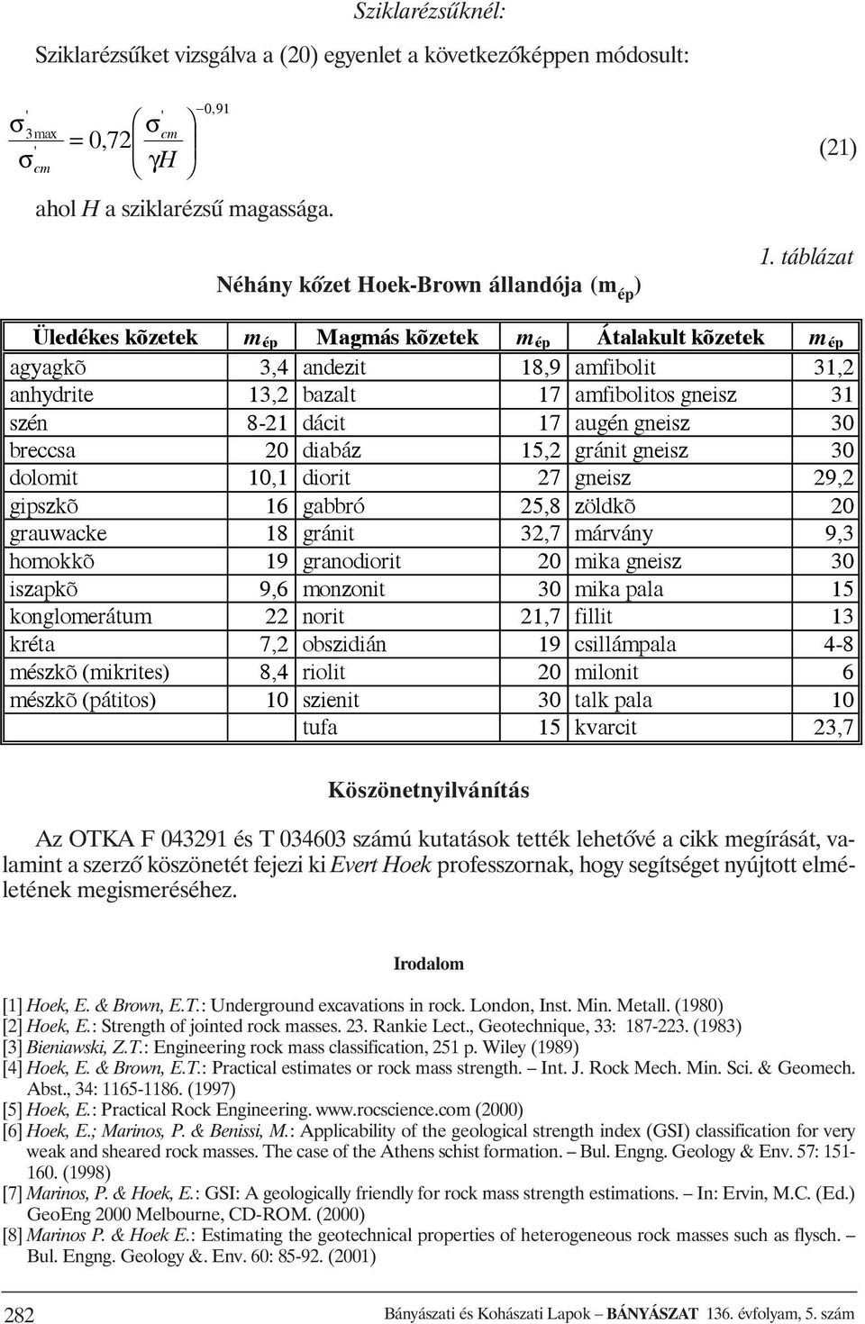 táblázat Üledékes kõzetek m ép Magmás kõzetek m ép Átalakult kõzetek m ép agyagkõ 3,4 andezit 18,9 amfibolit 31,2 anhydrite 13,2 bazalt 17 amfibolitos gneisz 31 szén 8-21 dácit 17 augén gneisz 30