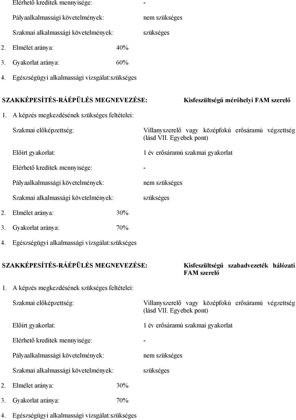 A képzés megkezdésének szükséges feltételei: Szakmai előképzettség: Előírt gyakorlat: Villanyszerelő vagy középfokú erősáramú végzettség (lásd VII.