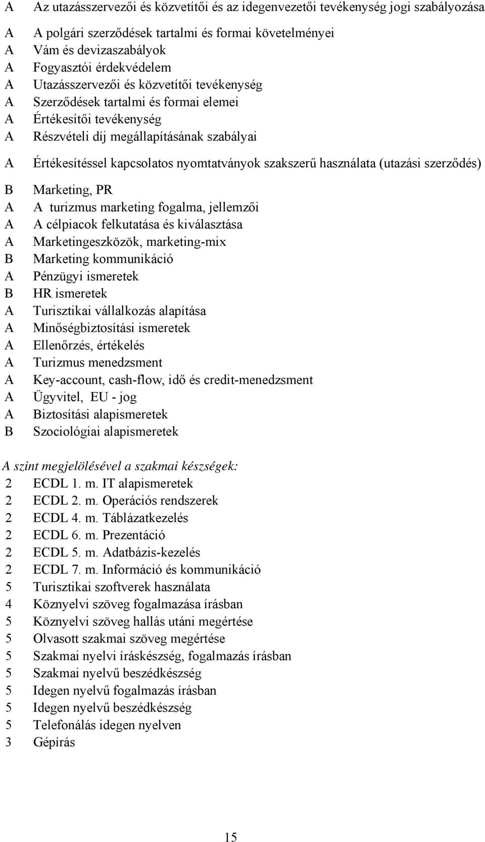 (utazási szerződés) Marketing, PR turizmus marketing fogalma, jellemzői célpiacok felkutatása és kiválasztása Marketingeszközök, marketing-mix Marketing kommunikáció Pénzügyi ismeretek HR ismeretek