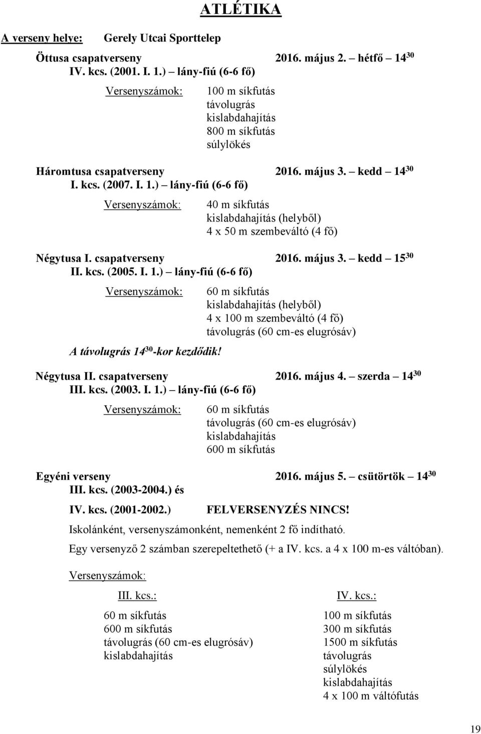 csapatverseny 2016. május 3. kedd 15 30 II. kcs. (2005. I. 1.) lány-fiú (6-6 fő) Versenyszámok: A távolugrás 14 30 -kor kezdődik!