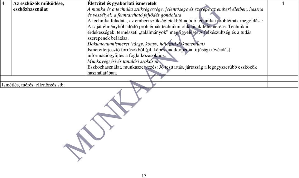 szükségletekből adódó technikai problémák megoldása: A saját élményből adódó problémák technikai oldalának felismerése. Technikai érdekességek, természeti találmányok megfigyelése.