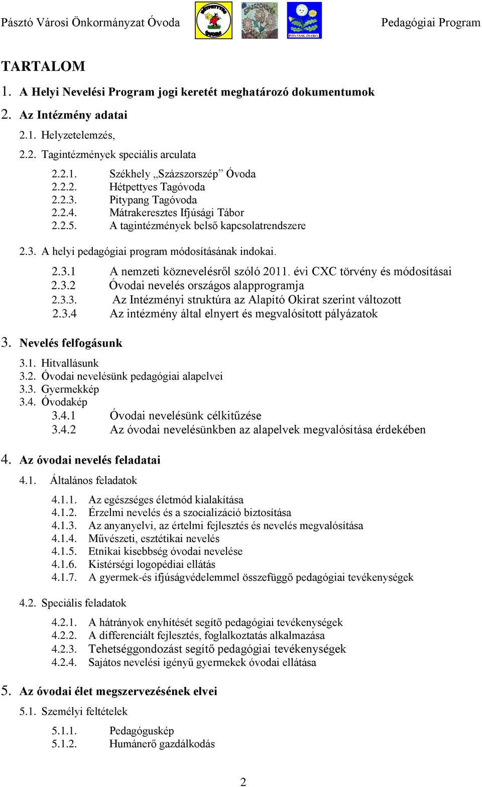 évi CXC törvény és módosításai 2.3.2 Óvodai nevelés országos alapprogramja 2.3.3. Az Intézményi struktúra az Alapító Okirat szerint változott 2.3.4 Az intézmény által elnyert és megvalósított pályázatok 3.