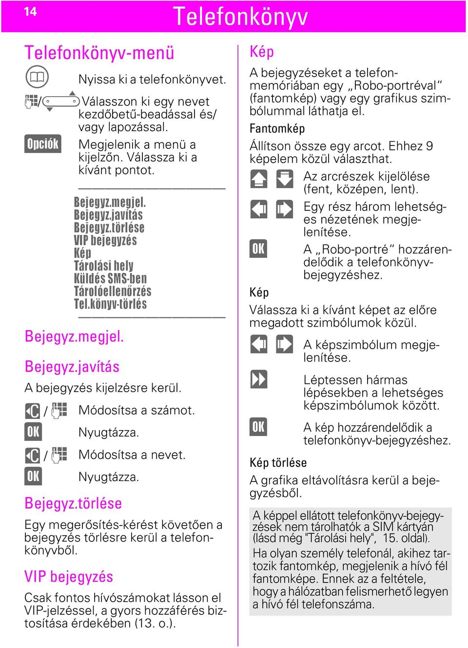 u / J Módosítsa a számot. (OK) Nyugtázza. u / J Módosítsa a nevet. (OK) Nyugtázza. Bejegyz.törlése Egy megerősítés-kérést követően a bejegyzés törlésre kerül a telefonkönyvből.