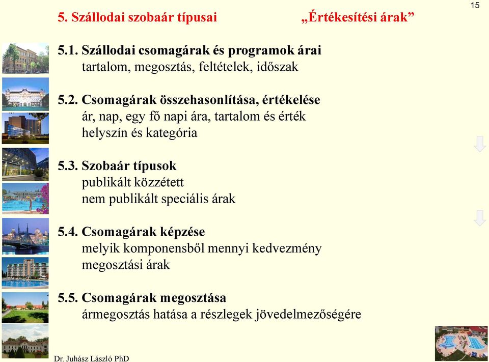 Csomagárak összehasonlítása, értékelése ár, nap, egy fő napi ára, tartalom és érték helyszín és kategória 5.3.