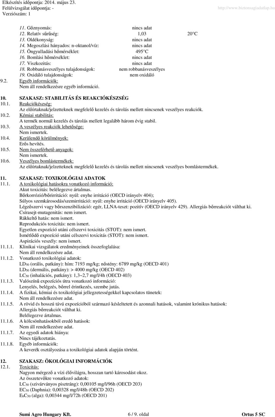 SZAKASZ: STABILITÁS ÉS REAKCIÓKÉSZSÉG 10.1. Reakciókészség: Az előírtaknak/jelzetteknek megfelelő kezelés és tárolás mellett nincsenek veszélyes reakciók. 10.2.