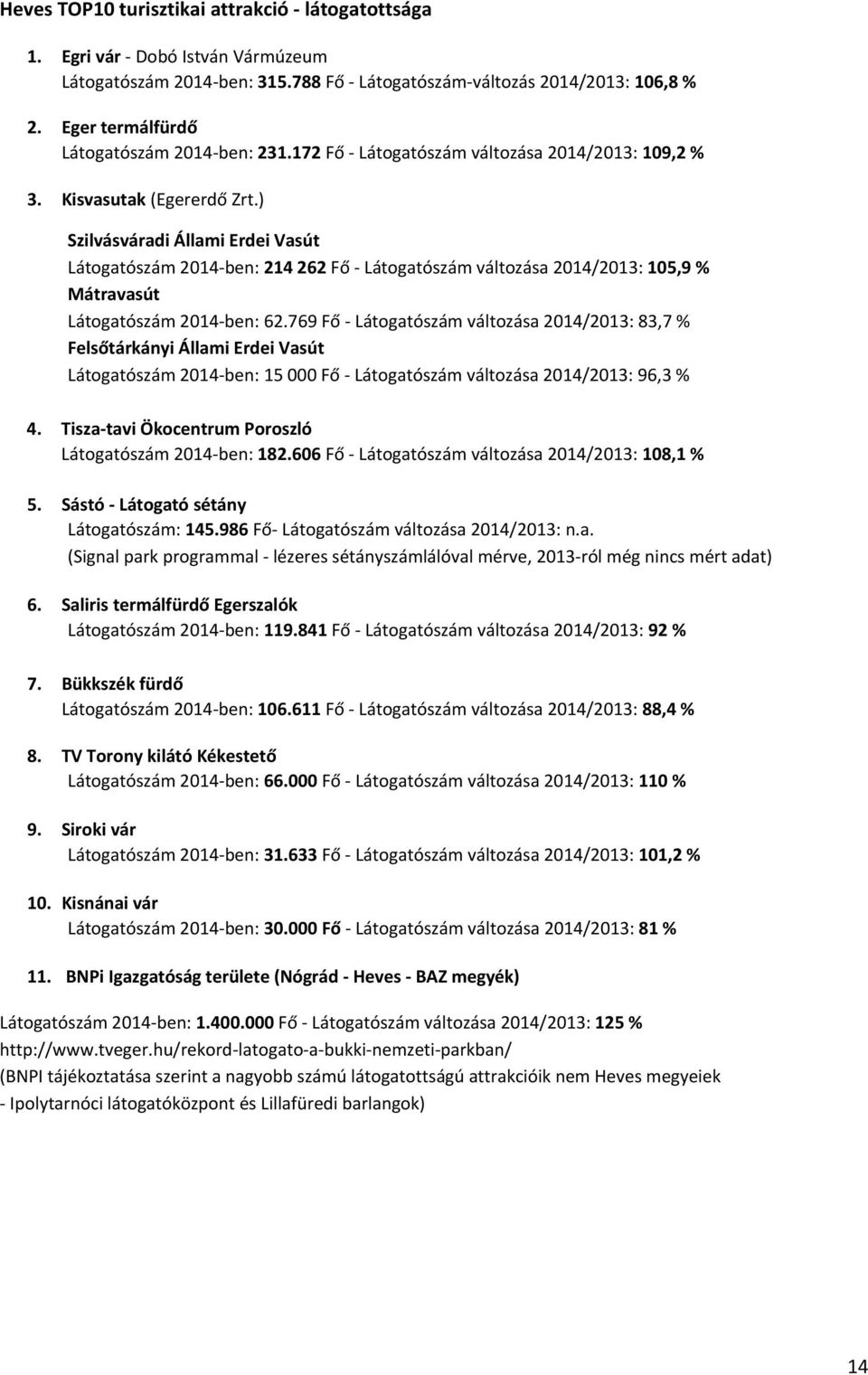 ) Szilvásváradi Állami Erdei Vasút Látogatószám 2014 ben: 214 262 Fő Látogatószám változása 2014/2013: 105,9 % Mátravasút Látogatószám 2014 ben: 62.