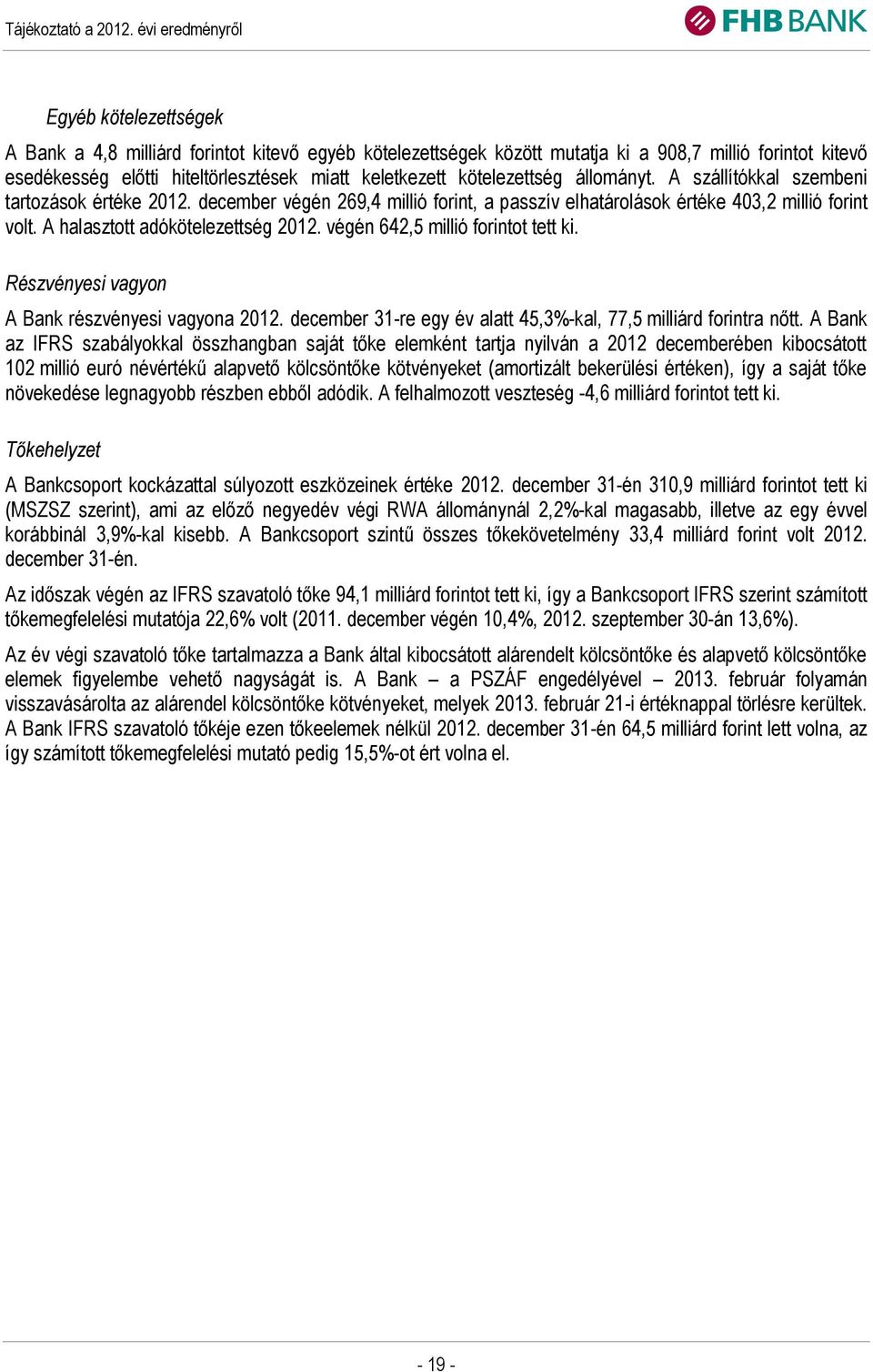 végén 642,5 millió forintot tett ki. Részvényesi vagyon A Bank részvényesi vagyona 2012. december 31-re egy év alatt 45,3%-kal, 77,5 milliárd forintra nőtt.