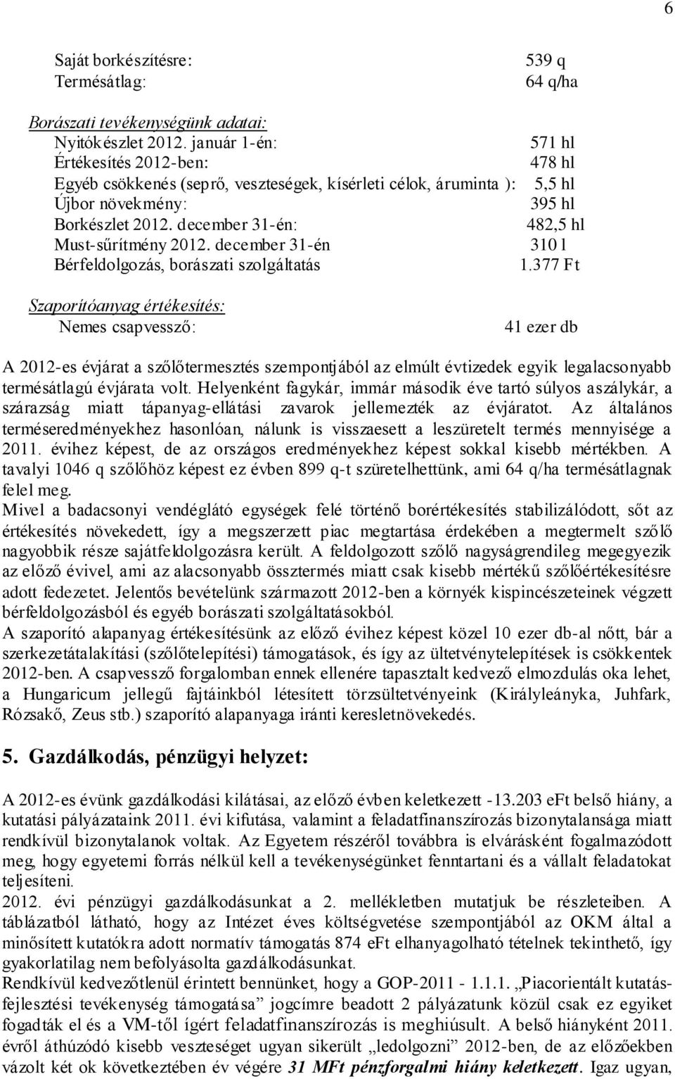 december 31-én: 482,5 hl Must-sűrítmény 2012. december 31-én 310 l Bérfeldolgozás, borászati szolgáltatás 1.