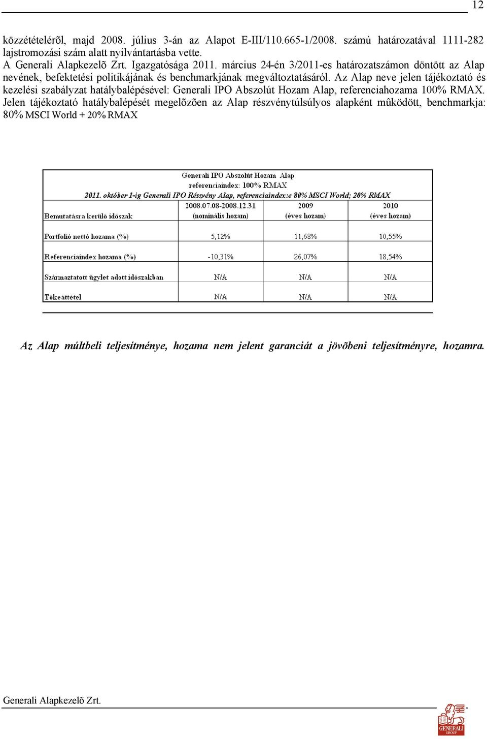 Az Alap neve jelen tájékoztató és kezelési szabályzat hatálybalépésével: Generali IPO Abszolút Hozam Alap, referenciahozama 100% RMAX.