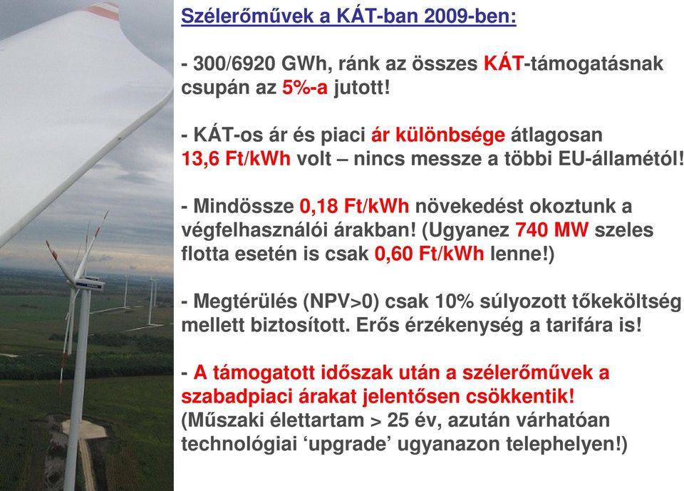 - Mindössze 0,18 Ft/kWh növekedést okoztunk a végfelhasználói árakban! (Ugyanez 740 MW szeles flotta esetén is csak 0,60 Ft/kWh lenne!