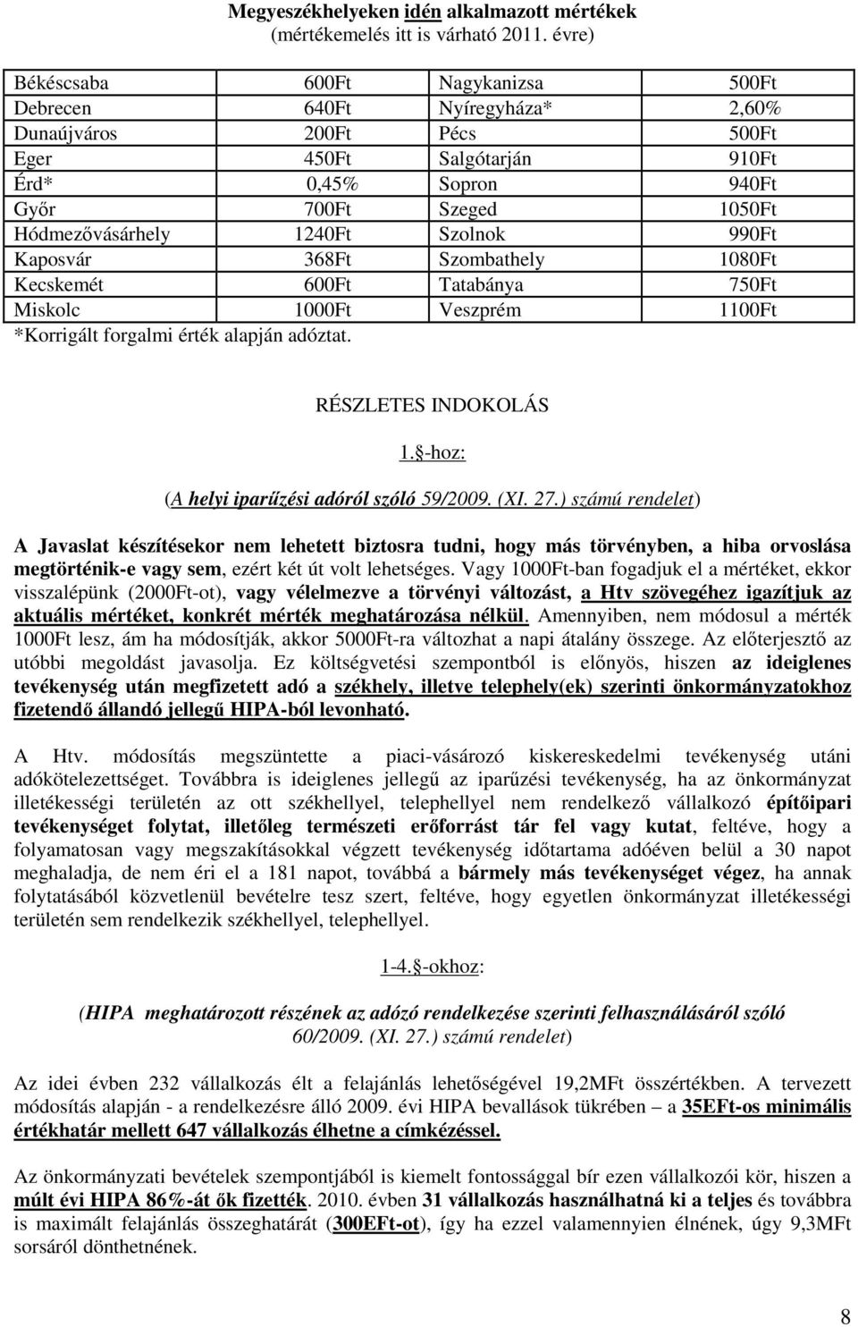 1240Ft Szolnok 990Ft Kaposvár 368Ft Szombathely 1080Ft Kecskemét 600Ft Tatabánya 750Ft Miskolc 1000Ft Veszprém 1100Ft *Korrigált forgalmi érték alapján adóztat. RÉSZLETES INDOKOLÁS 1.