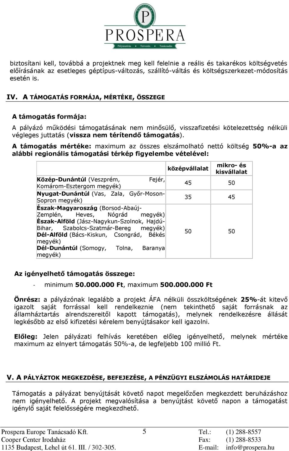 A támgatás mértéke: maximum az összes elszámlható nettó költség 50%-a az alábbi reginális támgatási térkép figyelembe vételével: Közép-Dunántúl (Veszprém, Fejér, Kmárm-Esztergm megyék)