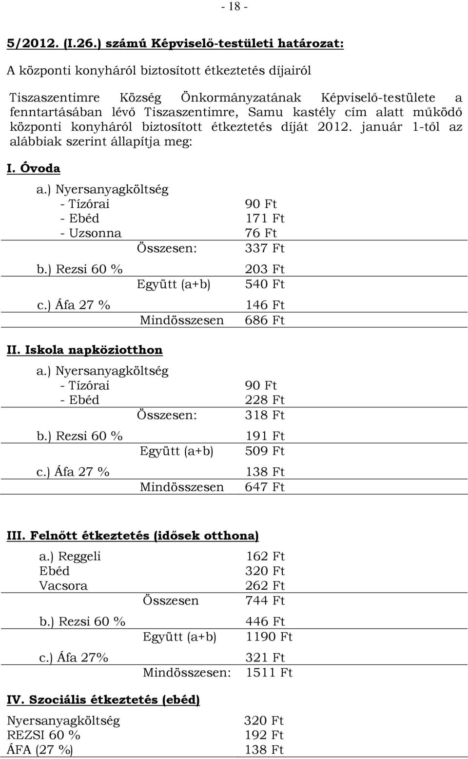 kastély cím alatt működő központi konyháról biztosított étkeztetés díját 2012. január 1-től az alábbiak szerint állapítja meg: I. Óvoda a.