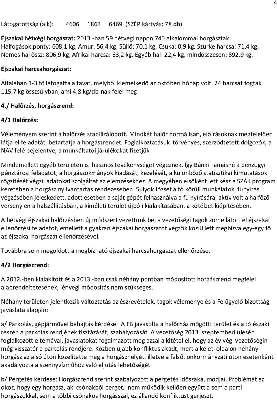 Éjszakai harcsahorgászat: Általában 1-3 fő látogatta a tavat, melyből kiemelkedő az októberi hónap volt. 24 harcsát fogtak 115,7 kg összsúlyban, ami 4,8 kg/db-nak felel meg 4.