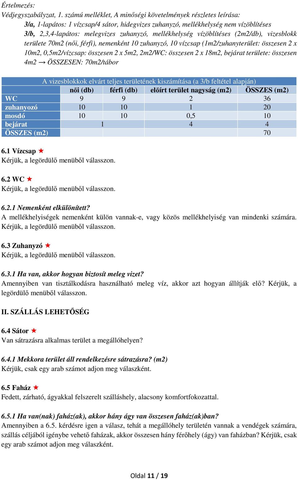 mellékhelység vízöblítéses (2m2/db), vizesblokk területe 70m2 (női, férfi), nemenként 10 zuhanyzó, 10 vízcsap (1m2/zuhanyterület: összesen 2 x 10m2, 0,5m2/vízcsap: összesen 2 x 5m2, 2m2/WC: összesen