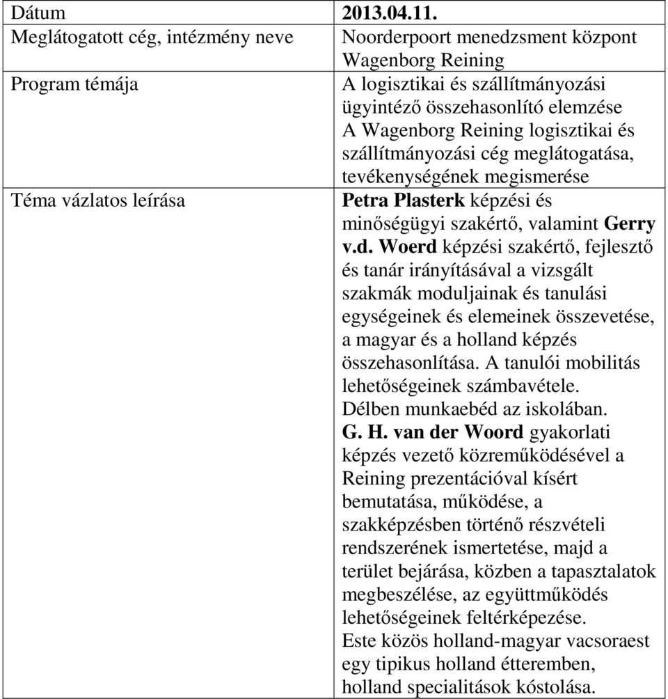 szállítmányozási cég meglátogatása, tevékenységének megismerése Petra Plasterk képzési és minőségügyi szakértő, valamint Gerry v.d.