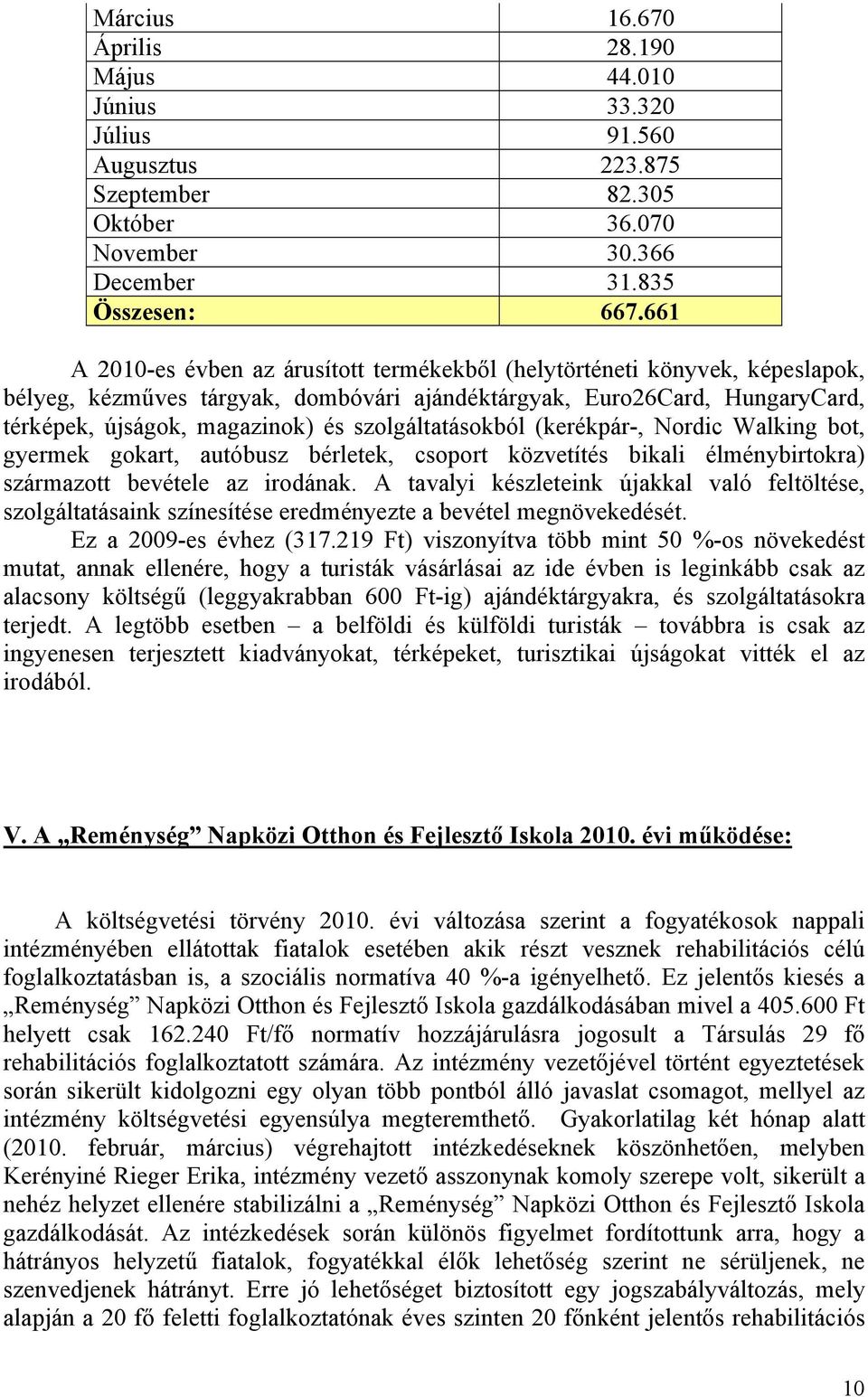 szolgáltatásokból (kerékpár-, Nordic Walking bot, gyermek gokart, autóbusz bérletek, csoport közvetítés bikali élménybirtokra) származott bevétele az irodának.