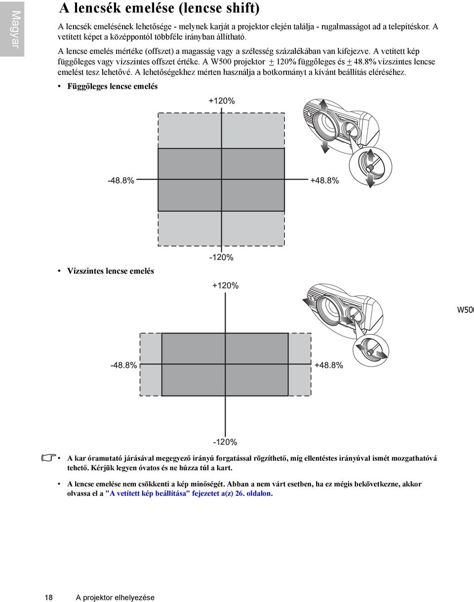 A vetített kép függőleges vagy vízszintes offszet értéke. A W500 projektor + 120% függőleges és + 48.8% vízszintes lencse emelést tesz lehetővé.