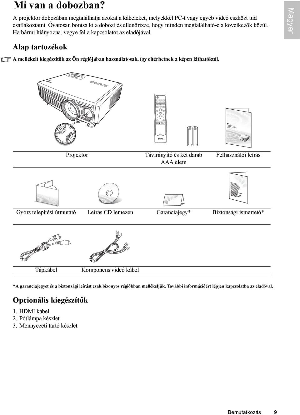 Alap tartozékok A mellékelt kiegészítõk az Ön régiójában használatosak, így eltérhetnek a képen láthatóktól.