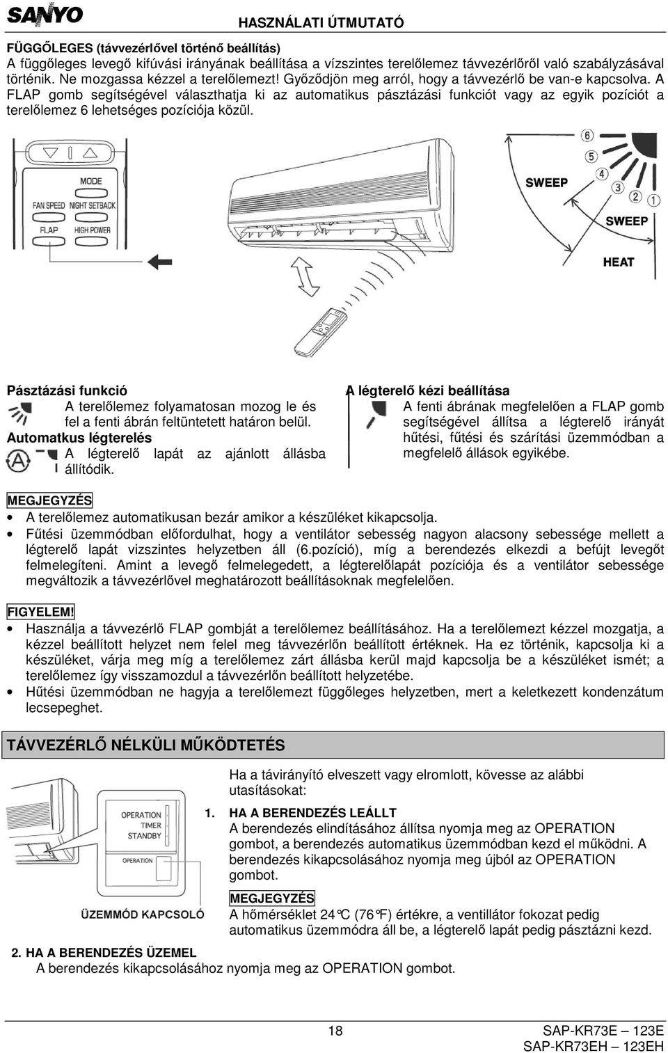 A FLAP gomb segítségével választhatja ki az automatikus pásztázási funkciót vagy az egyik pozíciót a terelőlemez 6 lehetséges pozíciója közül.