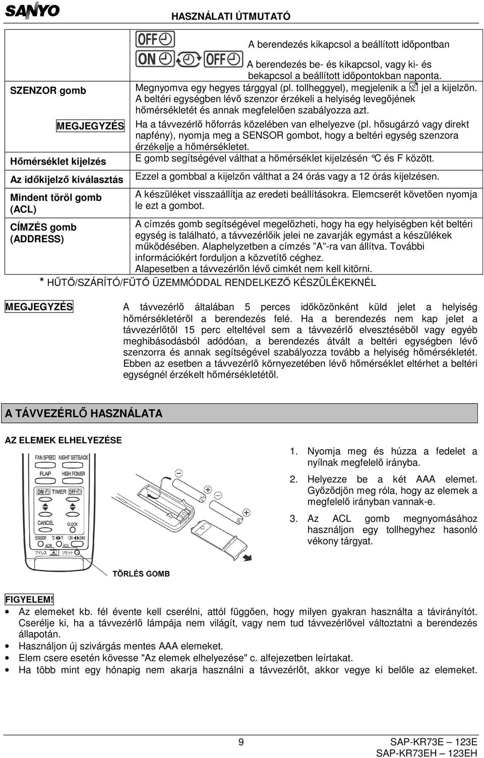 A beltéri egységben lévő szenzor érzékeli a helyiség levegőjének hőmérsékletét és annak megfelelően szabályozza azt. Ha a távvezérlő hőforrás közelében van elhelyezve (pl.