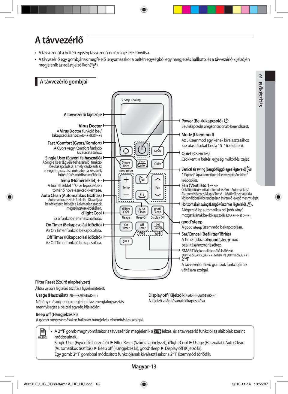 A távvezérlő gombjai A távvezérlő kijelzője Virus Doctor A Virus Doctor funkció be-/ kikapcsolásához (ARHSSD) Fast /Comfort (Gyors/Komfort) A Gyors vagy Komfort funkció kiválasztásához Single User