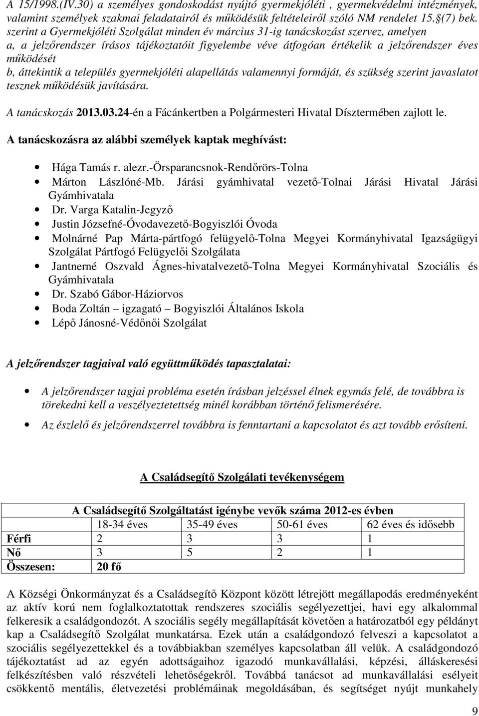 áttekintik a település gyermekjóléti alapellátás valamennyi formáját, és szükség szerint javaslatot tesznek működésük javítására. A tanácskozás 2013.03.