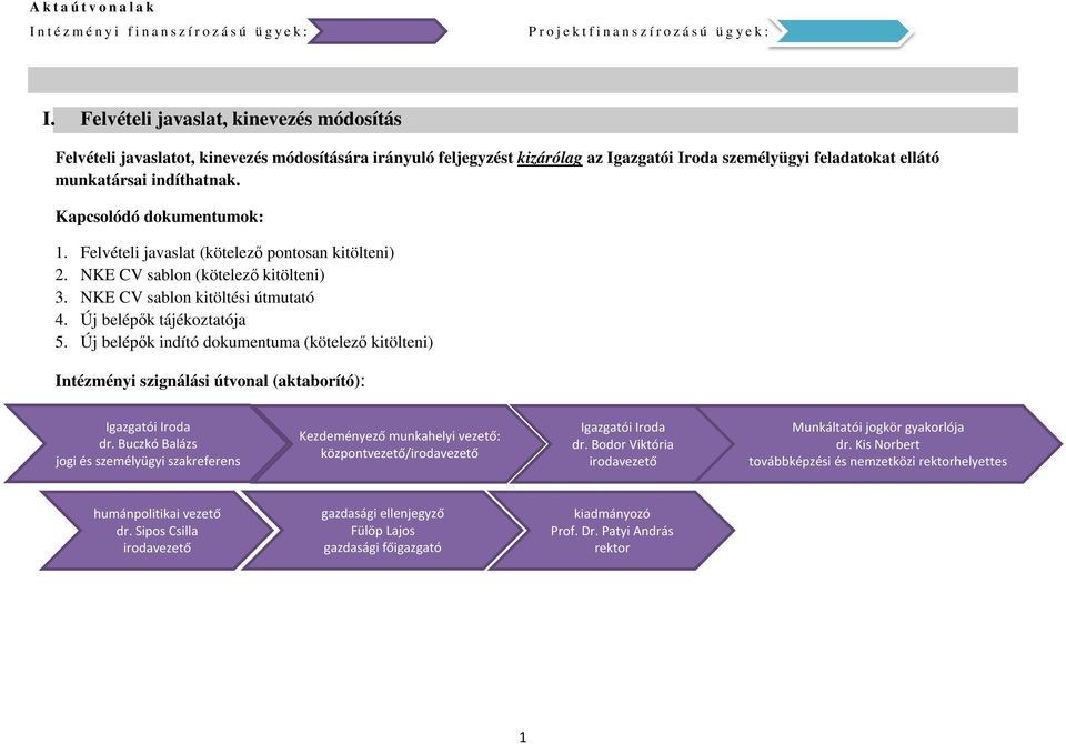 Új belépők tájékoztatója 5. Új belépők indító dokumentuma (kötelező kitölteni) Intézményi szignálási útvonal (aktaborító): dr.