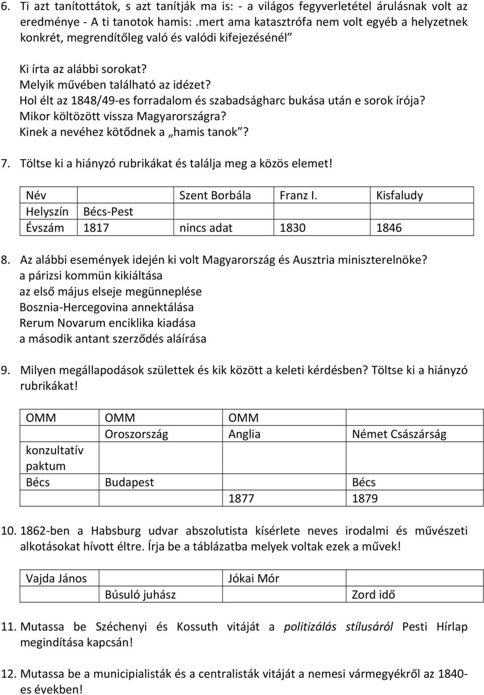 Hol élt az 1848/49 es forradalom és szabadságharc bukása után e sorok írója? Mikor költözött vissza Magyarországra? Kinek a nevéhez kötődnek a hamis tanok? 7.