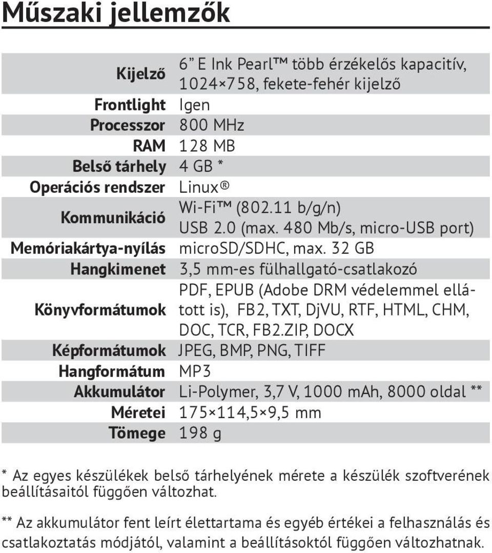 32 GB Hangkimenet 3,5 mm-es fülhallgató-csatlakozó PDF, EPUB (Adobe DRM védelemmel ellátott Könyvformátumok is), FB2, TXT, DjVU, RTF, HTML, CHM, DOC, TCR, FB2.