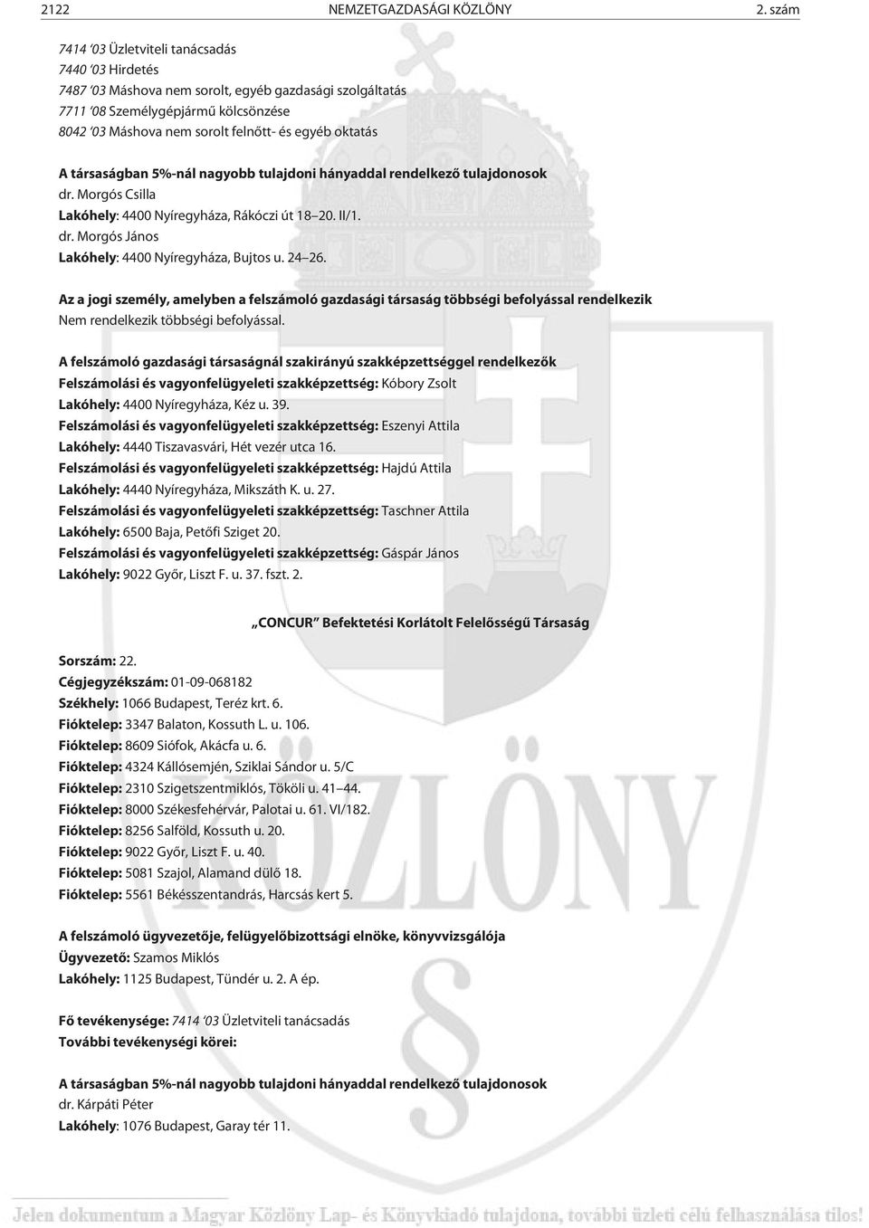 dr. Morgós Csilla Lakóhely: 4400 Nyíregyháza, Rákóczi út 18 20. II/1. dr. Morgós János Lakóhely: 4400 Nyíregyháza, Bujtos u. 24 26.