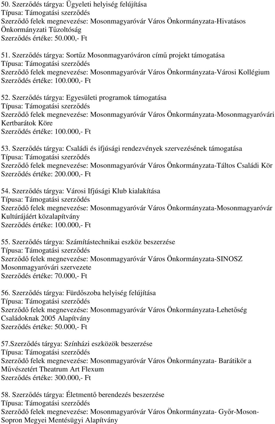Szerződés tárgya: Egyesületi programok Szerződő felek megnevezése: Mosonmagyaróvár Város Önkormányzata-Mosonmagyaróvári Kertbarátok Köre 53.