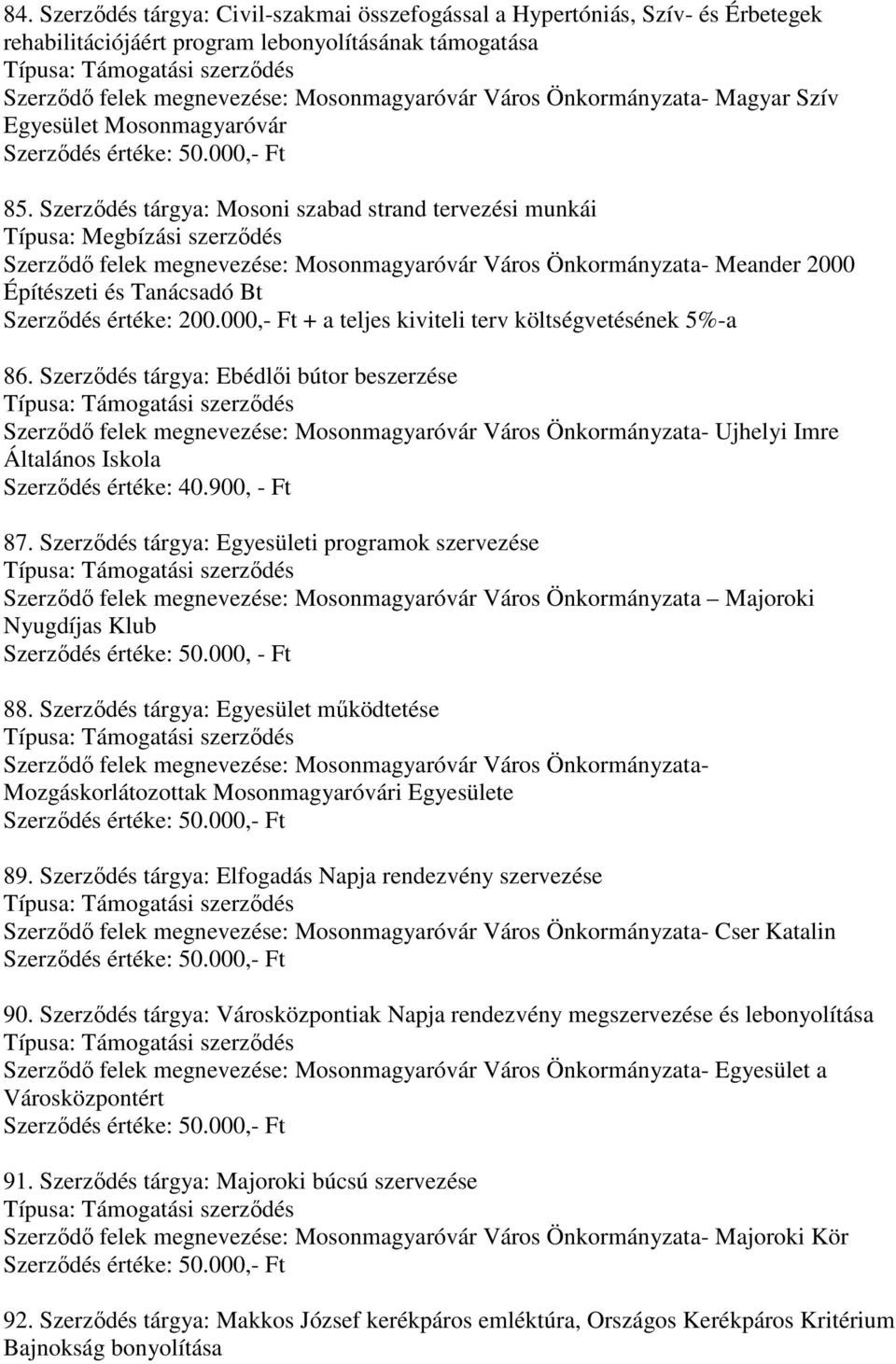 Szerződés tárgya: Mosoni szabad strand tervezési munkái Szerződő felek megnevezése: Mosonmagyaróvár Város Önkormányzata- Meander 2000 Építészeti és Tanácsadó Bt Szerződés értéke: 200.