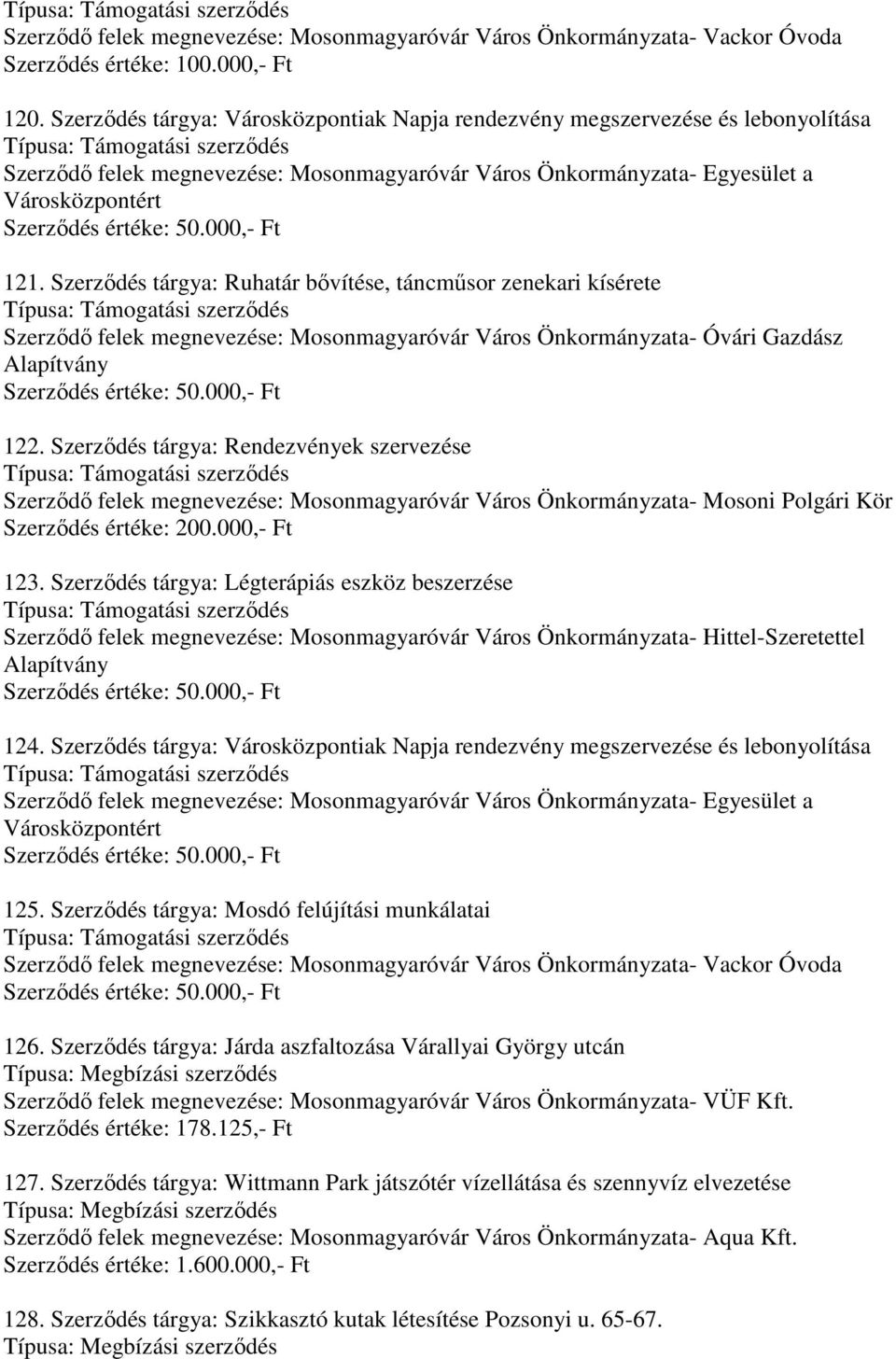 Szerződés tárgya: Ruhatár bővítése, táncműsor zenekari kísérete Szerződő felek megnevezése: Mosonmagyaróvár Város Önkormányzata- Óvári Gazdász Alapítvány 122.