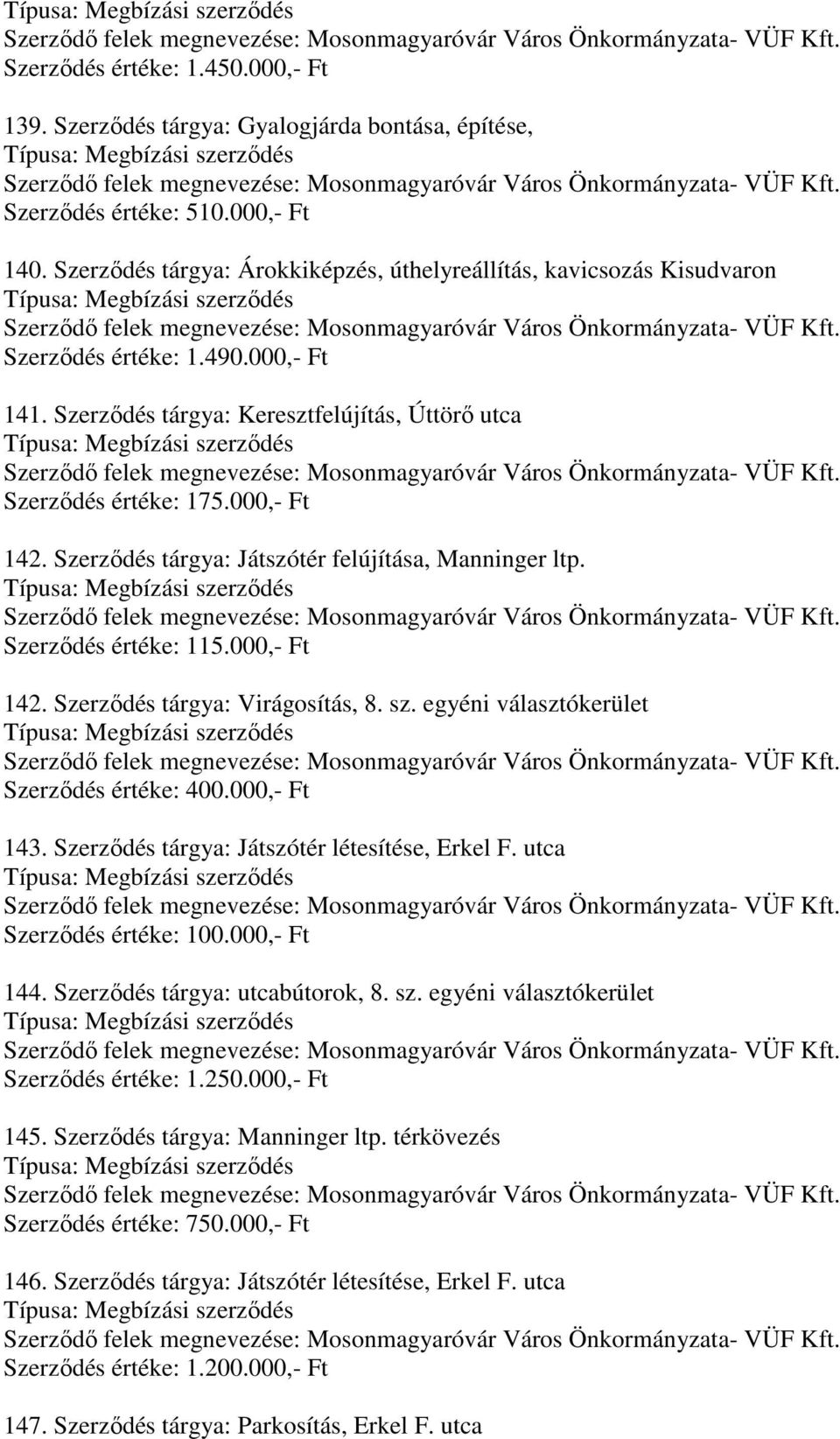 Szerződés tárgya: Játszótér felújítása, Manninger ltp. Szerződés értéke: 115.000,- Ft 142. Szerződés tárgya: Virágosítás, 8. sz. egyéni választókerület Szerződés értéke: 400.000,- Ft 143.