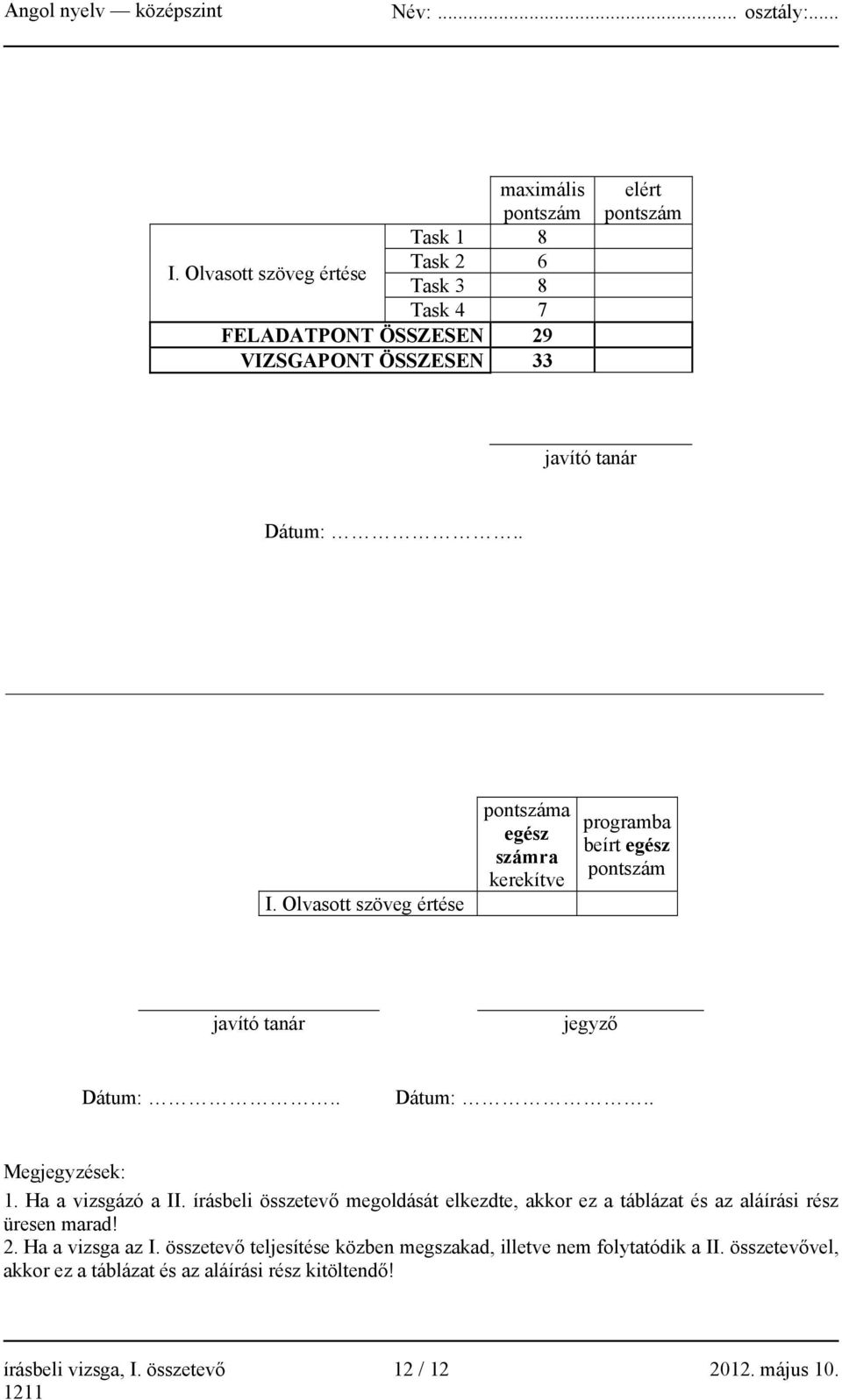 Olvasott szöveg értése pontszáma egész számra kerekítve programba beírt egész pontszám javító tanár jegyző Dátum:.. Dátum:.. Megjegyzések: 1.