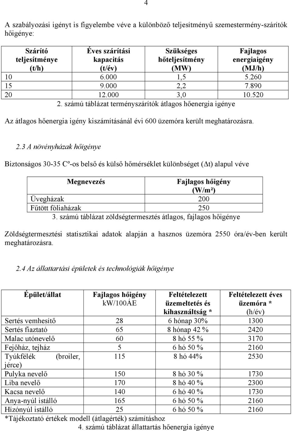 számú táblázat terményszárítók átlagos hőenergia igénye Az átlagos hőenergia igény kiszámításánál évi 600 üzemóra került meghatározásra. 2.