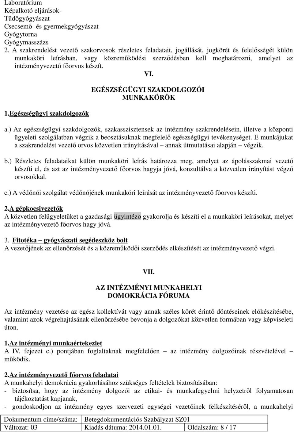 főorvos készít. VI. 1.Egészségügyi szakdolgozók EGÉSZSÉGÜGYI SZAKDOLGOZÓI MUNKAKÖRÖK a.