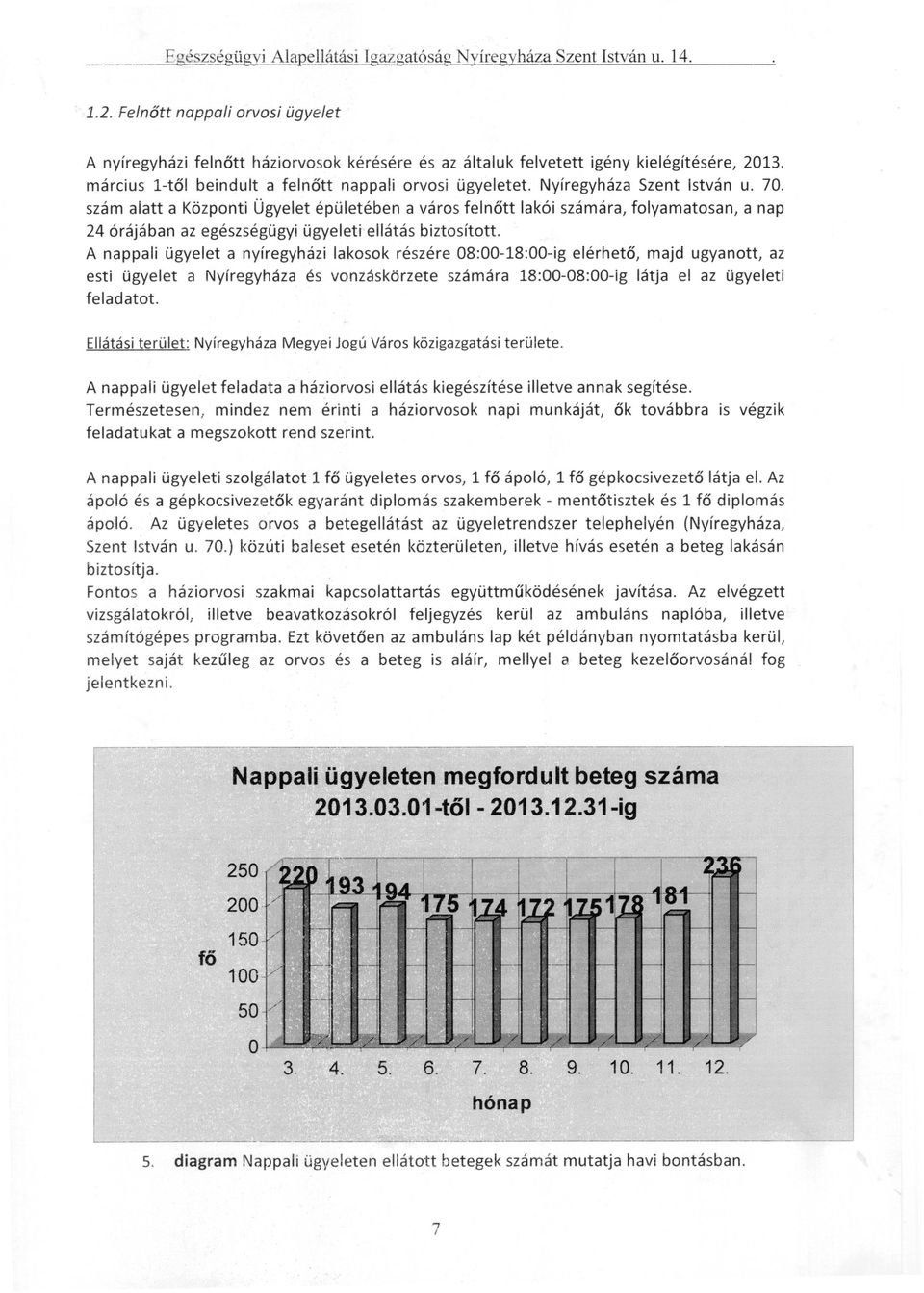 Nyíregyháza Szent István u. 70. szám alatt a Központi Ügyelet épületében a város felnőtt lakói számára, folyamatosan, a nap 24 órájában az egészségügyi ügyeleti ellátás biztosított.