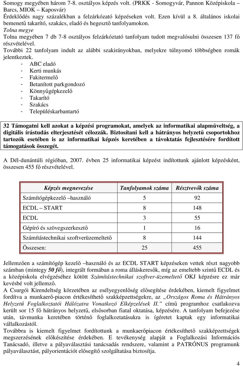 További 22 tanfolyam indult az alábbi szakirányokban, melyekre túlnyomó többségben romák jelentkeztek.