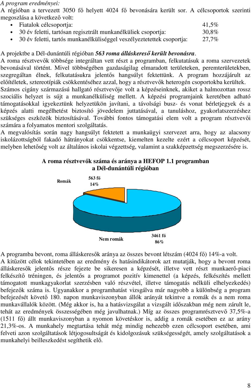 veszélyeztetettek csoportja: 27,7% A projektbe a Dél-dunántúli régióban 563 roma álláskeresı került bevonásra.