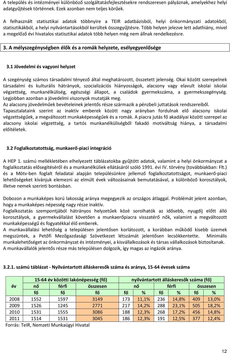 Több helyen jelezve lett adathiány, mivel a megelőző évi hivatalos statisztikai adatok több helyen még nem állnak rendelkezésre. 3. A mélyszegénységben élők és a romák helyzete, esélyegyenlősége 3.