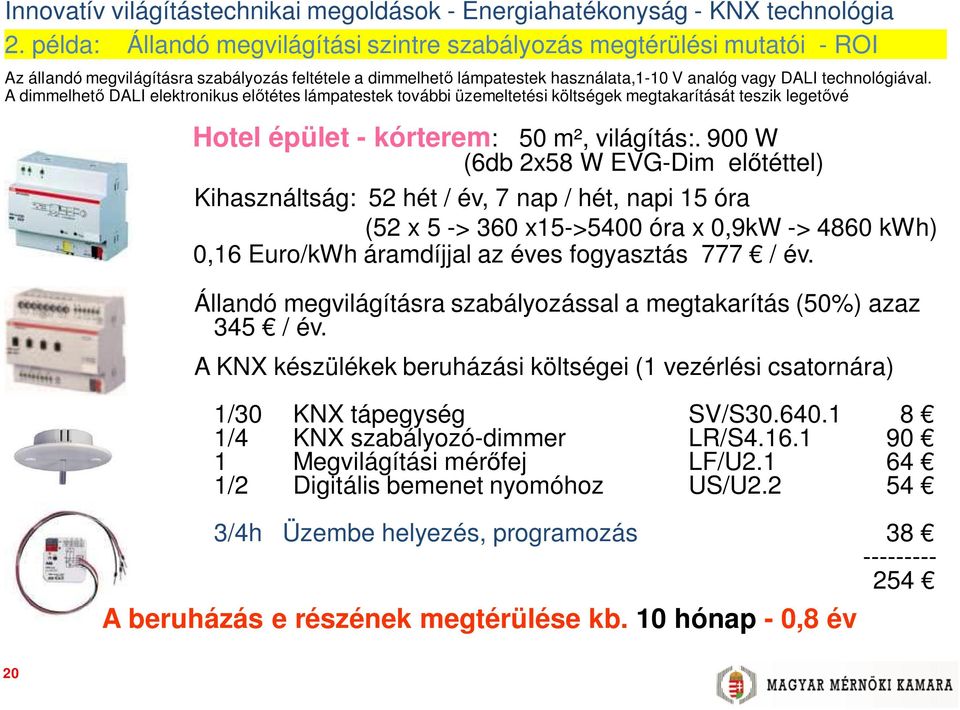 900 W (6db 2x58 W EVG-Dim el téttel) Kihasználtság: 52 hét / év, 7 nap / hét, napi 15 óra (52 x 5 -> 360 x15->5400 óra x 0,9kW -> 4860 kwh) 0,16 Euro/kWh áramdíjjal az éves fogyasztás 777 / év.